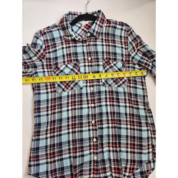 Aeropostale Womens Button Down Flannel L Blue Red Plaid Front Pocket Long Sleeve - Picture 4 of 7